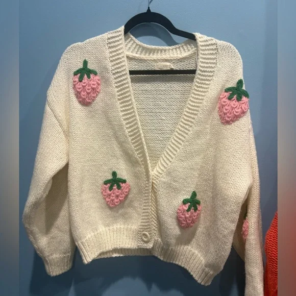 Dreamers Women's Cream Cardigan with Pink Strawberry Accents - Picture 1 of 5